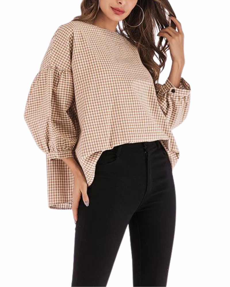 Wide Neck Casual Plaid Blouse